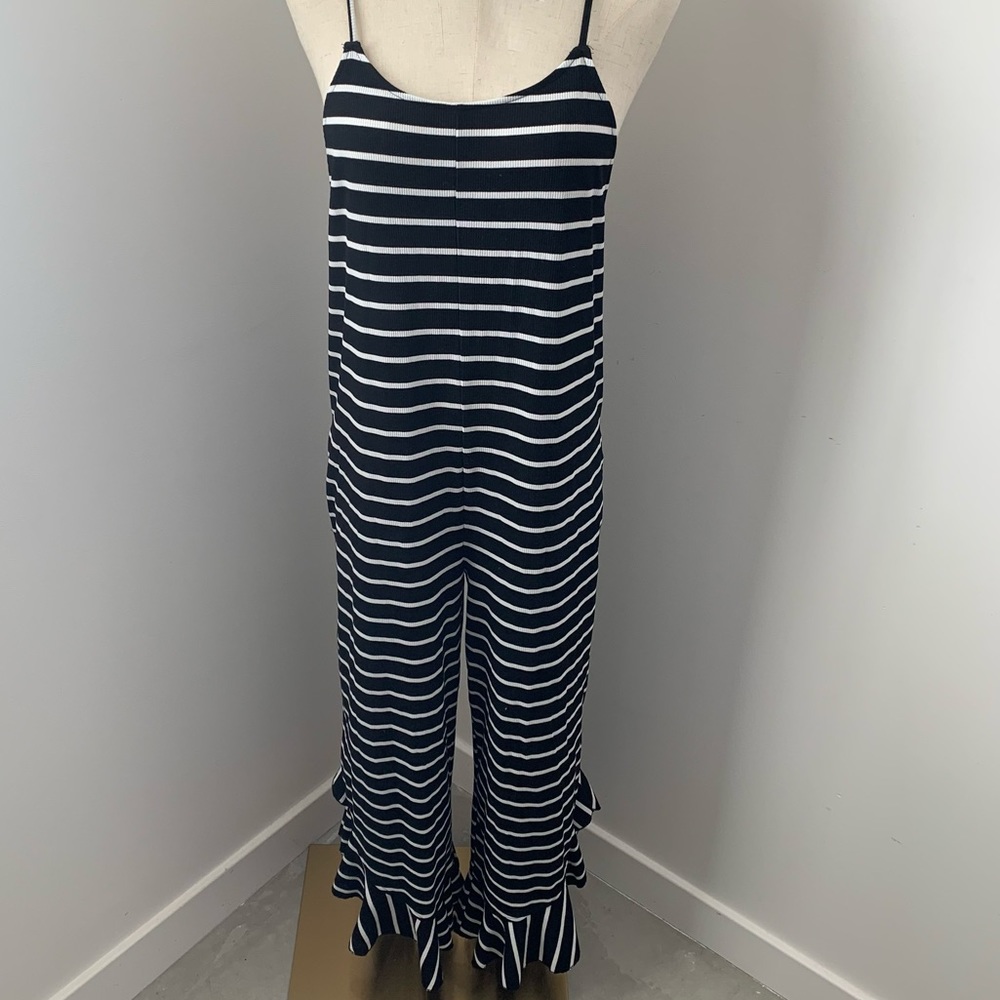 V ery J Black and White Spaghetti Strap Ruffle Leg Jumpsuit